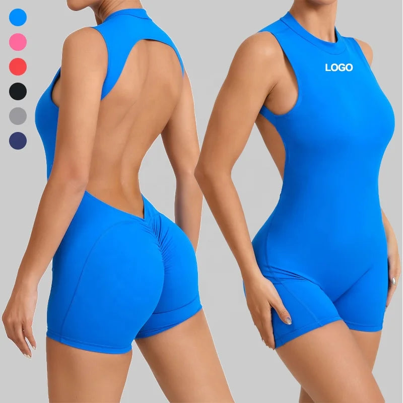 Women's Sleeveless Scrunch Butt Yoga Shorts Jumpsuits High Neck Open Back Bodycon Workout Rompers Playsuit One Piece Yoga Set