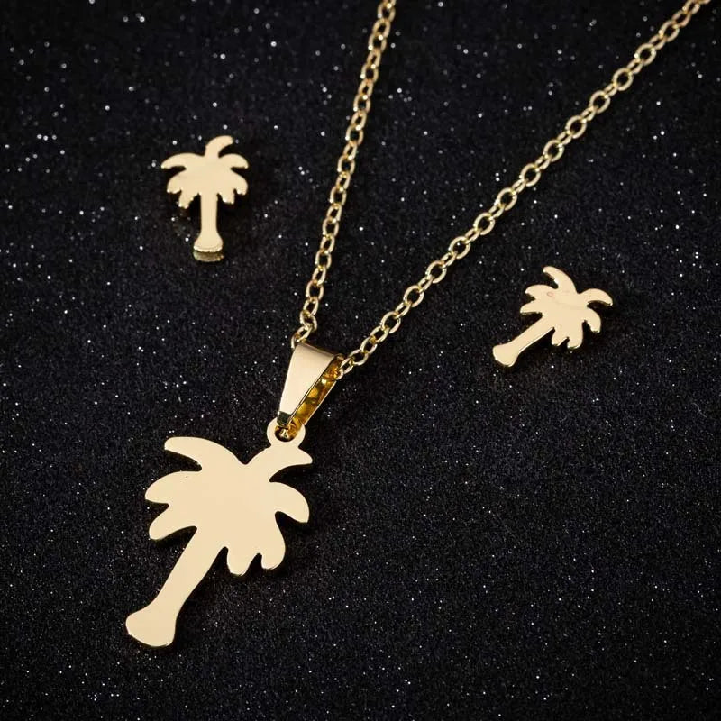 Trendy 18K Gold Silver Plated Charm Stainless Steel Women Coconut Plam Tree Earring Necklace Jewelry Set