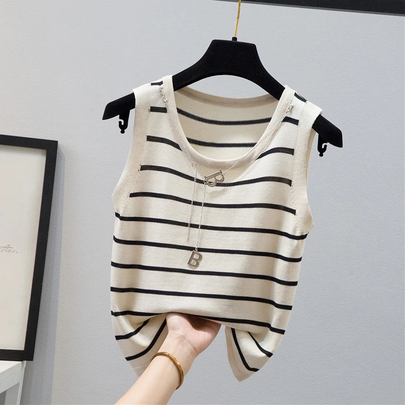 Boutique Wholesale 2025  Summer  New Fashionable Round Neck Striped Ice Silk Knitted Women's Vest