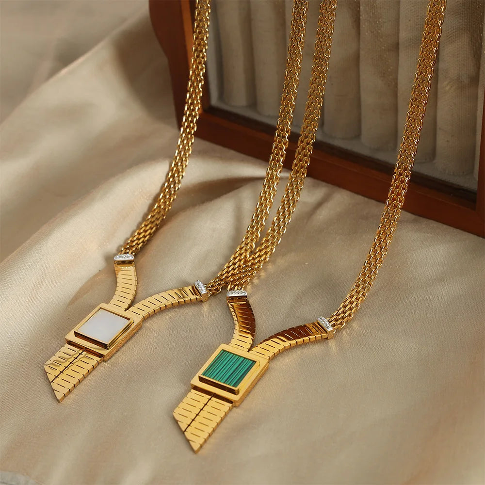 Chic Minimalist Cubic Zirconia Shell Acrylic Y-shaped Pendant Necklace Chunky Woven Gold Plated Stainless Steel Choker Necklace