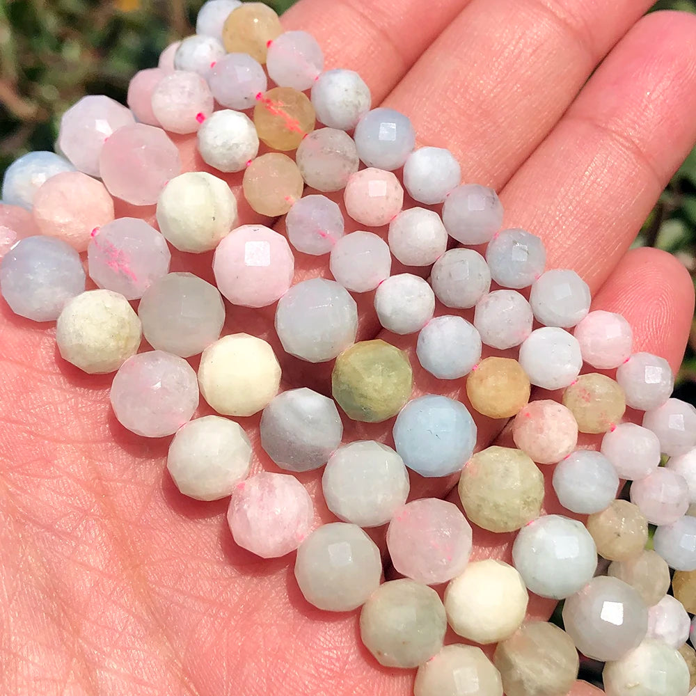 6/8mm Natural Faceted Colorful Morganite Stone Round Loose Beads Kuoyu Brand F02479 Model for Jewelry Making Diy Bracelet 7.5''