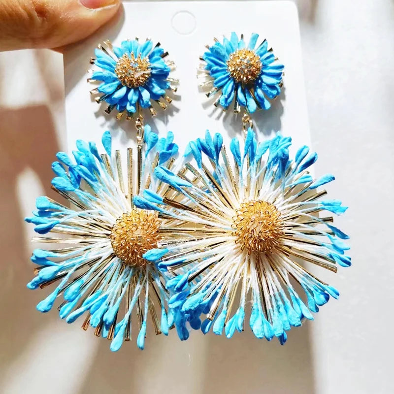 KAIMEI 2025 New Arrival Fashion Jewelry New Summer Colorful Lafite Grass Earrings Yellow Sunflower Handmade Grass Flower Earring