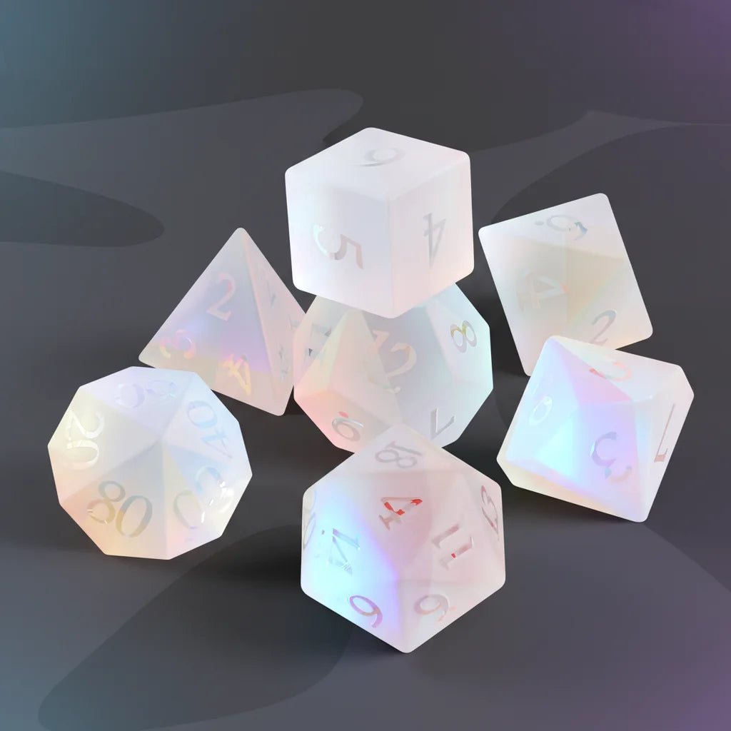 Customizable Mini Frosted Rainbow Prism Glass Dice Set for Dungeons and Dragons RPG Metal Dice Tray Included