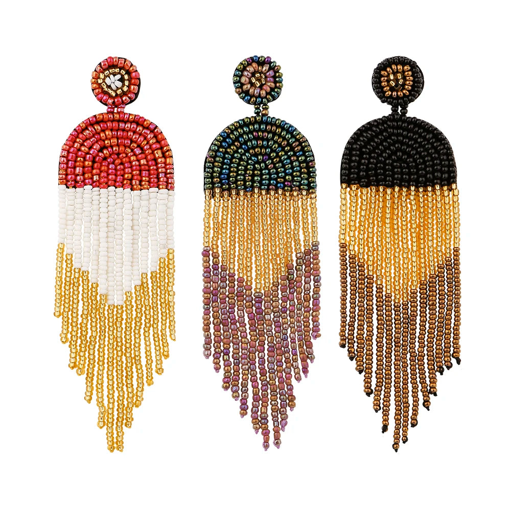 New Fashion Bohemian Exaggerated Oversized Dangle Earrings for Women Handmade Seed Bead Long Tassel Drop for Weddings