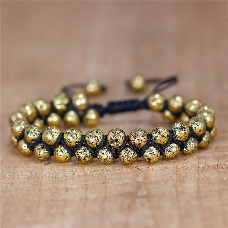 Boho Chic Handmade Antique Gold 6mm Lava Beads Braided Bracelet Vintage Adjustable Wrap Bracelet Women Men Jewelry Dropshipping