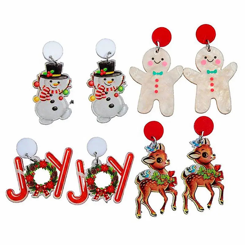 2025 Christmas Cartoon Jewelry Christmas Reindeer Cute Snowman Gingerbread Man Acrylic Drop Earrings for Christmas