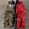 Custom 100% Cotton Tracksuits Men Spray Printed Breathable Zip Hoodie Streetwear Baggy Stacked Vintage Flared Sweatpants Set