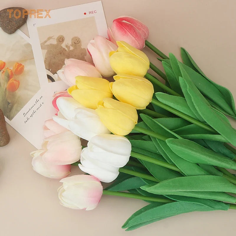 TOPREX 2022 NEW Wholesale Event Wedding Decor Pu Tulip Artificial Flowers with Leaves