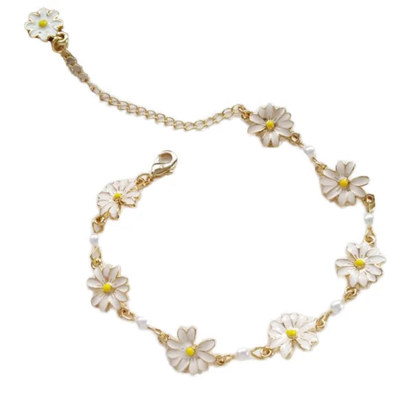 Simple Summer Women's Flower Bracelet 7 Daisies Flower Pearl Painting Oil Adjustable Bracelet