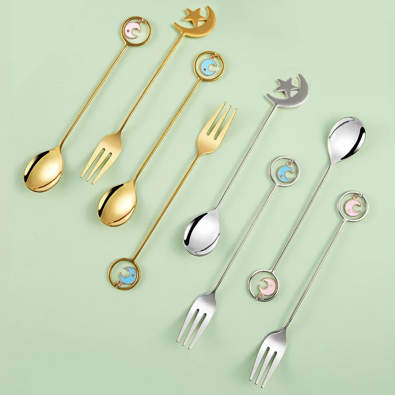 304 Stainless Steel Gold Teaspoon Coffee Spoon Kids Spoon Fork Tableware Star and Moon Shape Spoon Fork Hotel Party