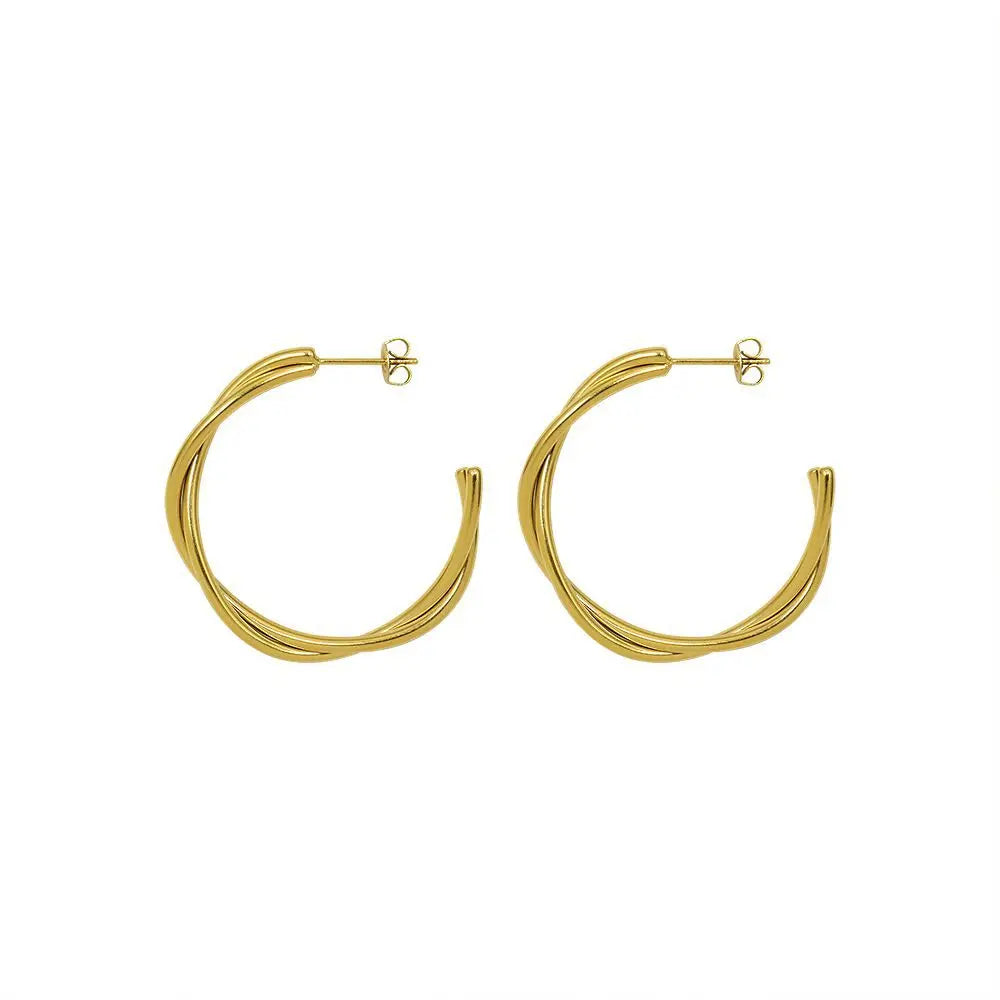 Ins Simple Temperament Twisted Cross C- Shaped Earrings Titanium Steel Material Plated 18K Gold Color Huggie Earrings Waterproof