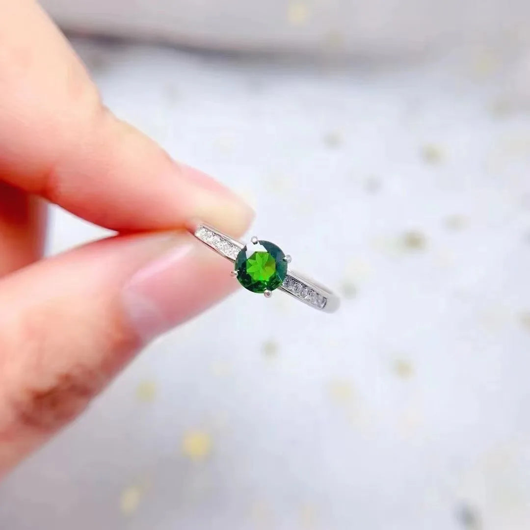 Cocktail Ring with Natural Diopside Gemstone Zircon Adjustable Size Elegant Wedding Statement Jewelry Certificate