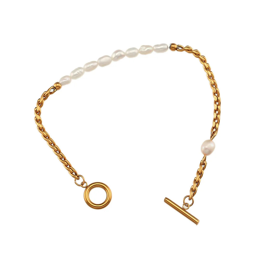 HIH Fashion Jewelry Stainless Steel Gold Plated Twist Chain Freshwater Pearl Bracelet