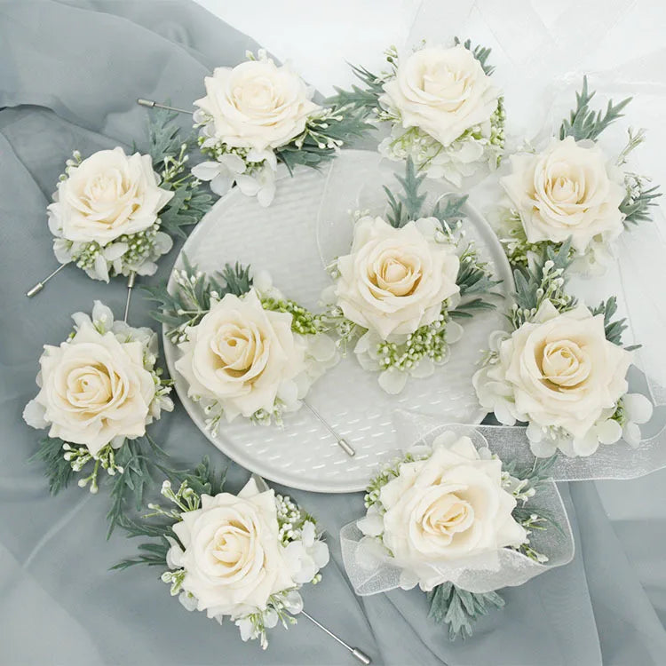 Popular Milk White Pocket Boutonniere Flower for Men Wedding Boutonnieres Corsage Brooch PIns Match Bridesmaids Wrist Flower