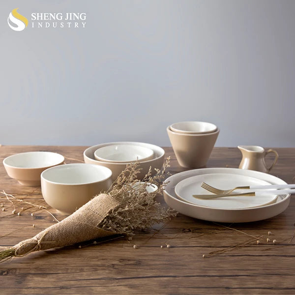 Scandinavian Style Eco-Friendly Stocked Hotel Restaurant Family Applicable Ceramic Porcelain Dinner Set Plate Bowl Khaki Color