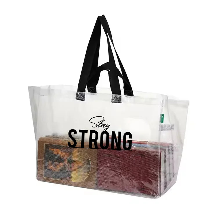 Eco-Friendly Large Reusable Polypropylene PP Woven Handled Shoulder Closure Shopping Tote Bag Clear Transparent Custom Heat