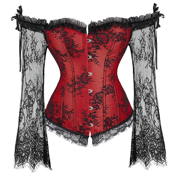 Women Long Sleeve Lace Overbust Corset Black Red Waist Bustiers Top Plus Size Korset Lingerie