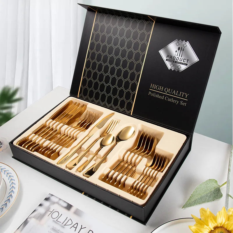 Hot Selling 24 Pcs Gift Set Gold Flatware Stainless Steel Cutlery Set with Box 24pcs Flatware Sets