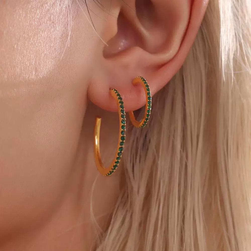 Dainty & Minimalist Pave CZ Hoop Earrings Waterproof Colorful Cubic Zirconia Stainless Steel Hoop Earrings