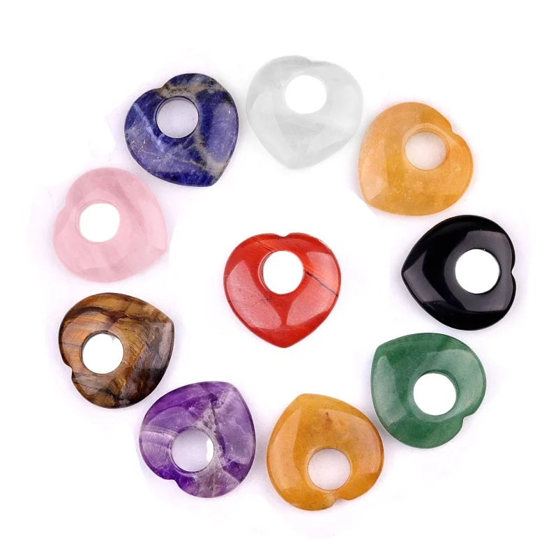 40MM Natural Stone Heart Donut Pendant Crystal Heart Shaped Gemstone Bead with Hole for DIY Jewelry Making Valentines Day Gift