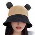 Anti-UV Straw Sun Hat Cat Ear Summer Cap Knitted Breathable Bucket Hat for Women