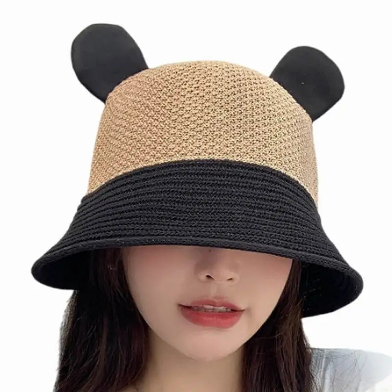 Anti-UV Straw Sun Hat Cat Ear Summer Cap Knitted Breathable Bucket Hat for Women