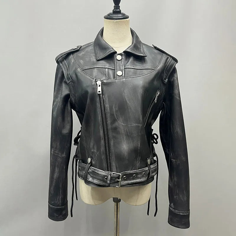Fashion Distressed Detachable Sleeve Genuine Lambskin Leather Motorcycle Jackets for Women