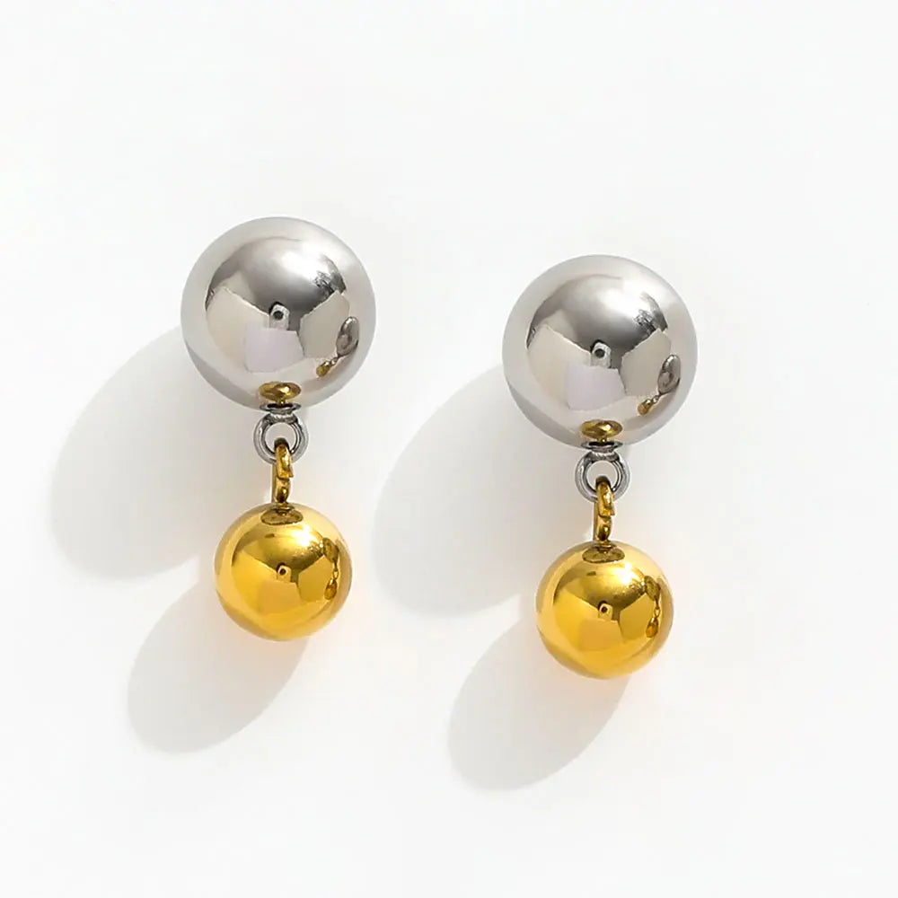 New Trendy 18K Gold Plated Shiny Two Tone Round Ball Dangle Stud Earring Women's Geometric Stainless Steel Jewelry Wholesale