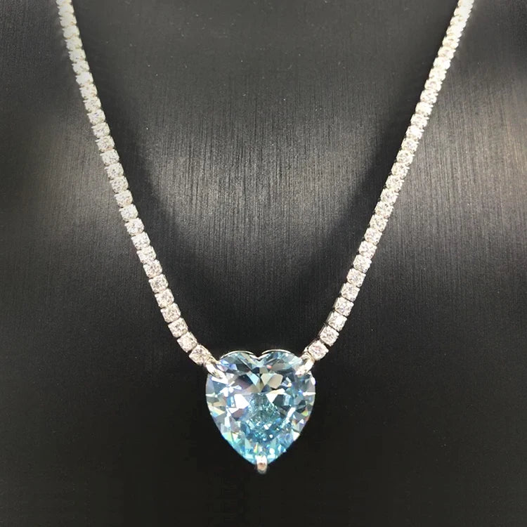 Fashion Women Necklace S925 Sterling Silver Ocean Blue Stone Necklace Fine Jewelry Heart Pendant Necklace