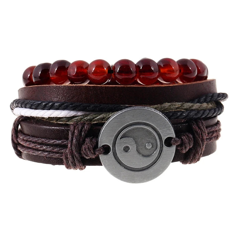 Vintage Handmade Adjustable Multi Layer Mens Wrap Leather Charm Yin Yang Bracelet Set Jewelry