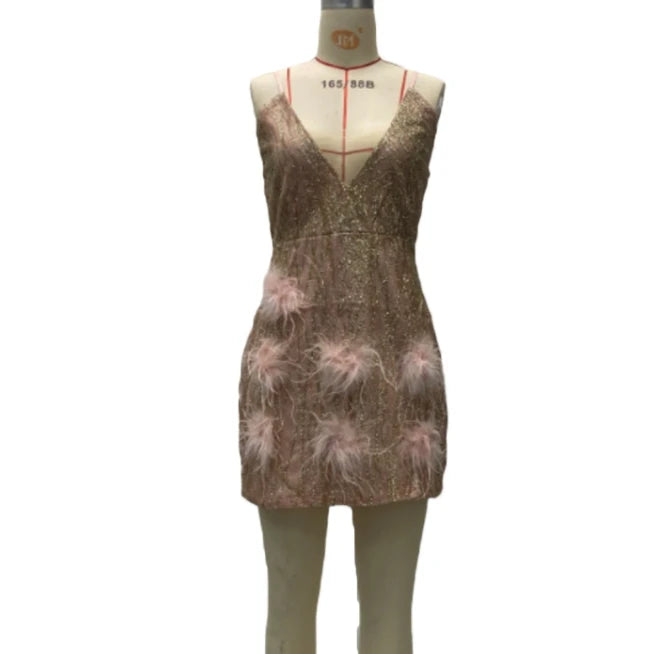 S-XL New Arrival Feather Dress Pink Deep V Neck Sleeveless Mini Bodycon Skinny Summer Club Night Wear Evening Dresses
