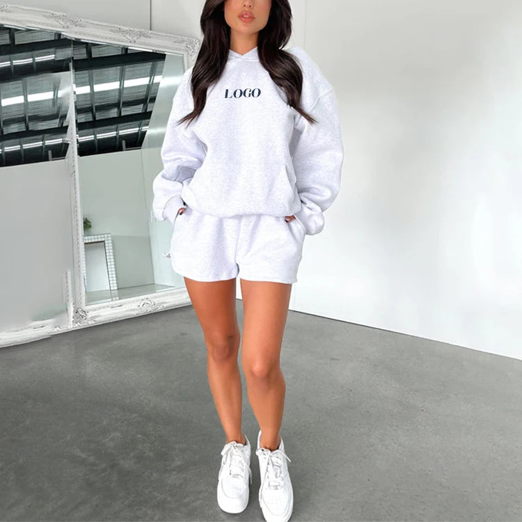 Wholesale Fall Two Piece Set Custom logo Sportswear 2 Piece Short Sweat Suits Set Women Hoodie and Shorts Set Lounge Short Set