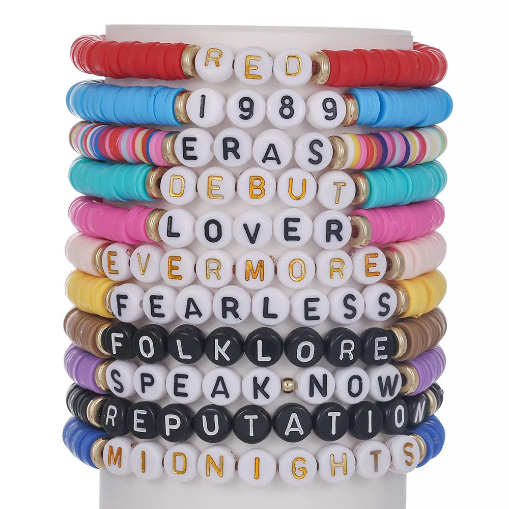 11pcs Colorful Soft Clay Bracelets Set " Lover Fearless Anti Hero Folklore Speak Now Friendship TS " Bracelets for Women