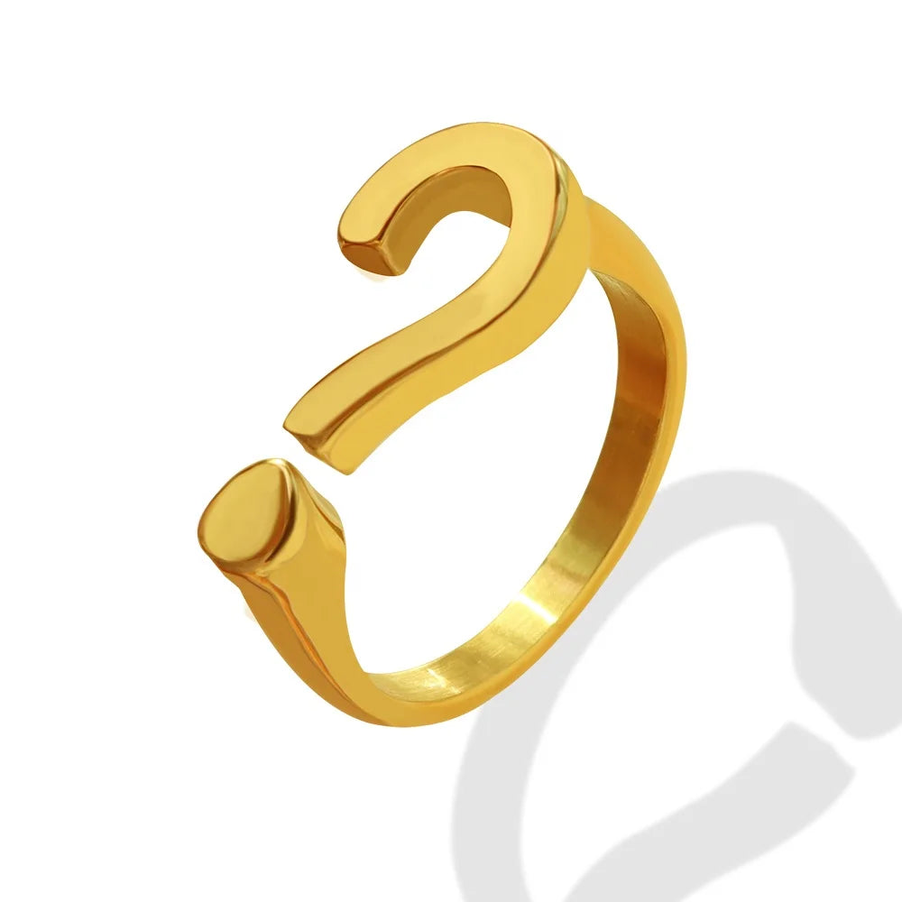 Wholesale Tarnish Question Mark Design Open Stainless Steel 18K Gold Plated Jewelry Ring for Women Party Gift Anniversary
