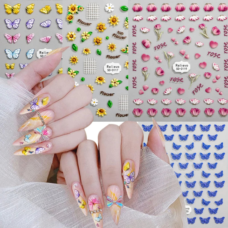 Hot 5D Embossed Flower Self Adhesive Decals Nail Sticker Manicure Nail Art Decoration