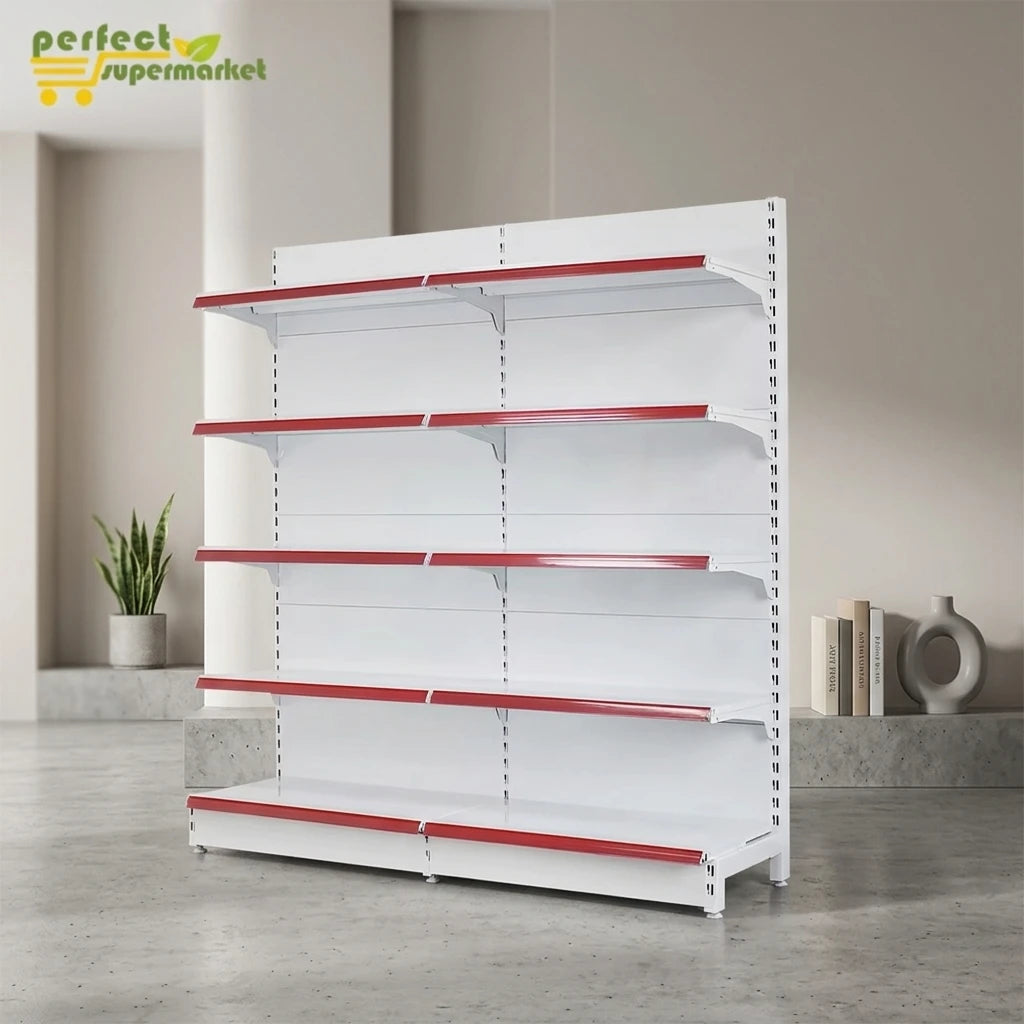 Hot Sale Metallic Double-Sided Supermarket Shelving Grid Gondola Display Shelves with Back Plate