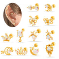Hengsen Gold Plated Moon Heart Crown Colorful Crystal CZ Stud Earrings Cartilage Helix Tragus Conch Auricle Piercing Jewelry