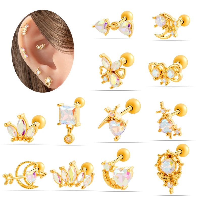 Hengsen Gold Plated Moon Heart Crown Colorful Crystal CZ Stud Earrings Cartilage Helix Tragus Conch Auricle Piercing Jewelry