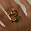 Dazan Summer New Ins Trendy 18k Pvd Gold Plated Stainless Steel Slim Serpentine Water Drop Green Zircon Ring for Women