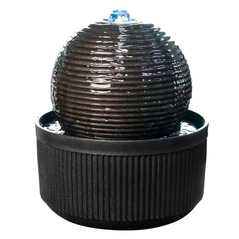 Modern Zen Black Sphere Water Fountain with Blue LED Light Concentric Ring Design Desktop Water Feature for Home or Office