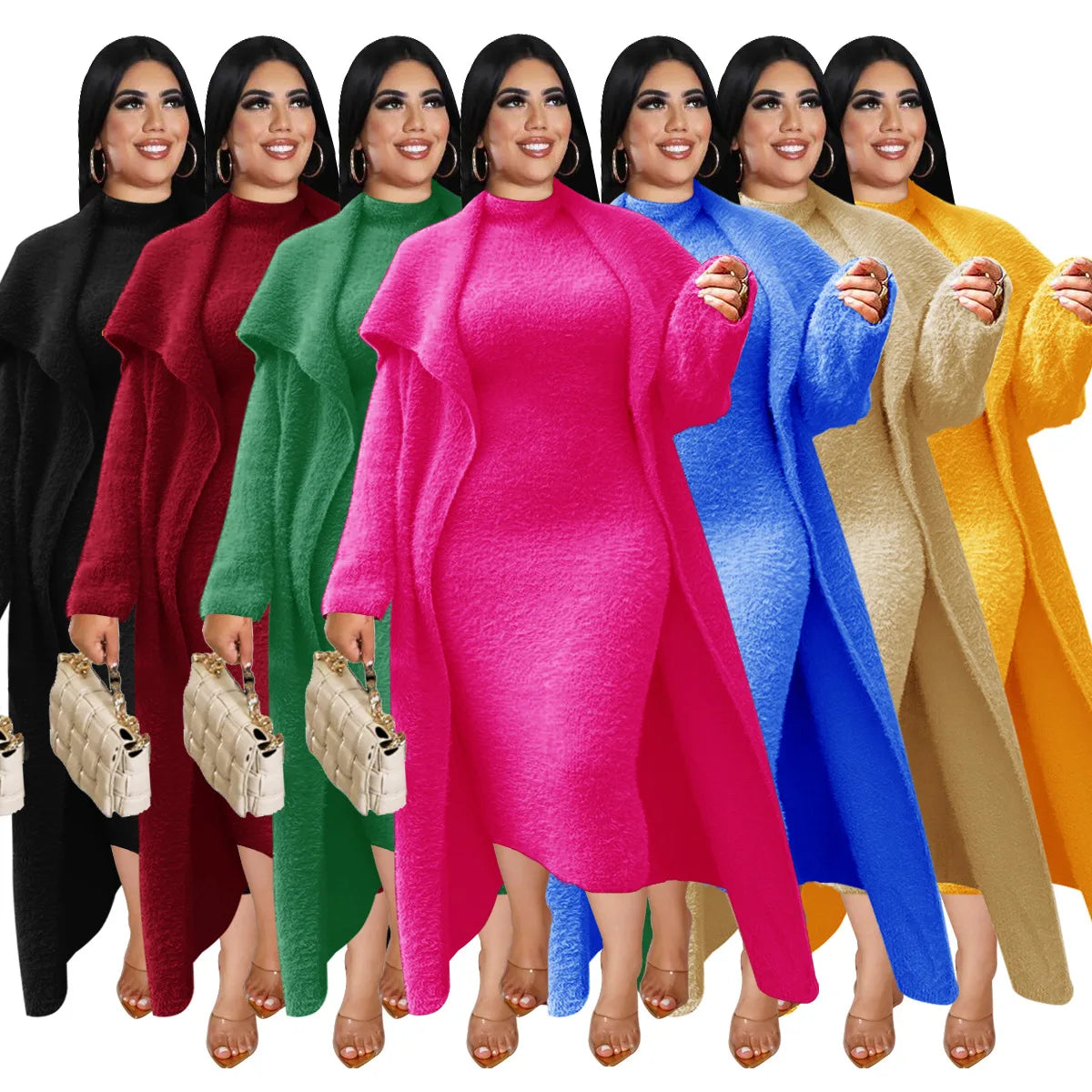 2026 Spring Women Casual Plus Size Solid Color Two Piece Set Dresses Long Sleeve Cardigan Dress Velvet 2 Piece Set