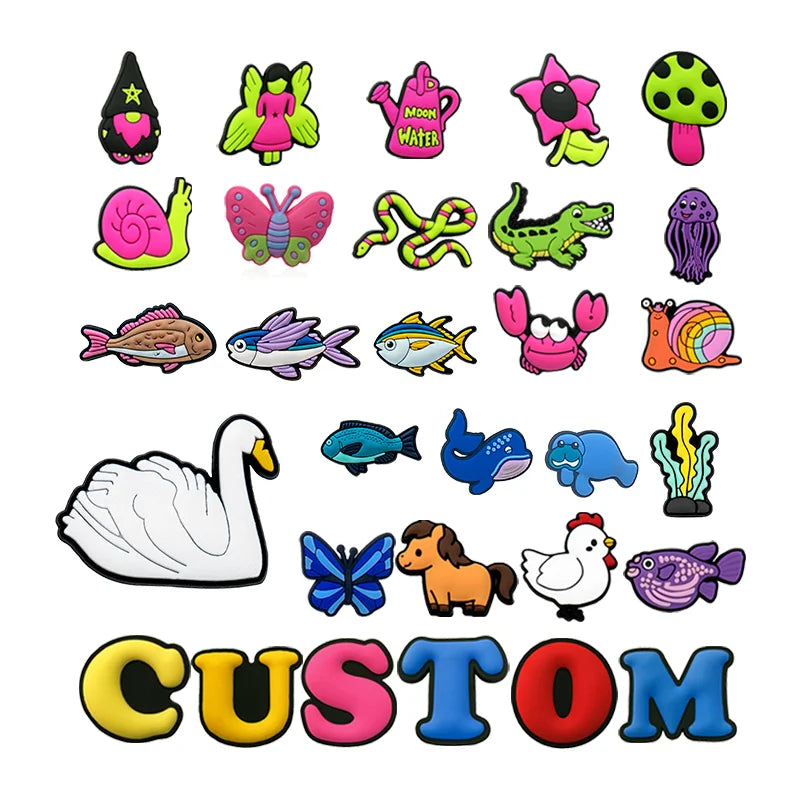 Customized Wholesale 2D Kawaii Pvc Diy Clog Sandal Accessories Animals Snack lion Shoes Decorations Swan Snail Shoe Charms