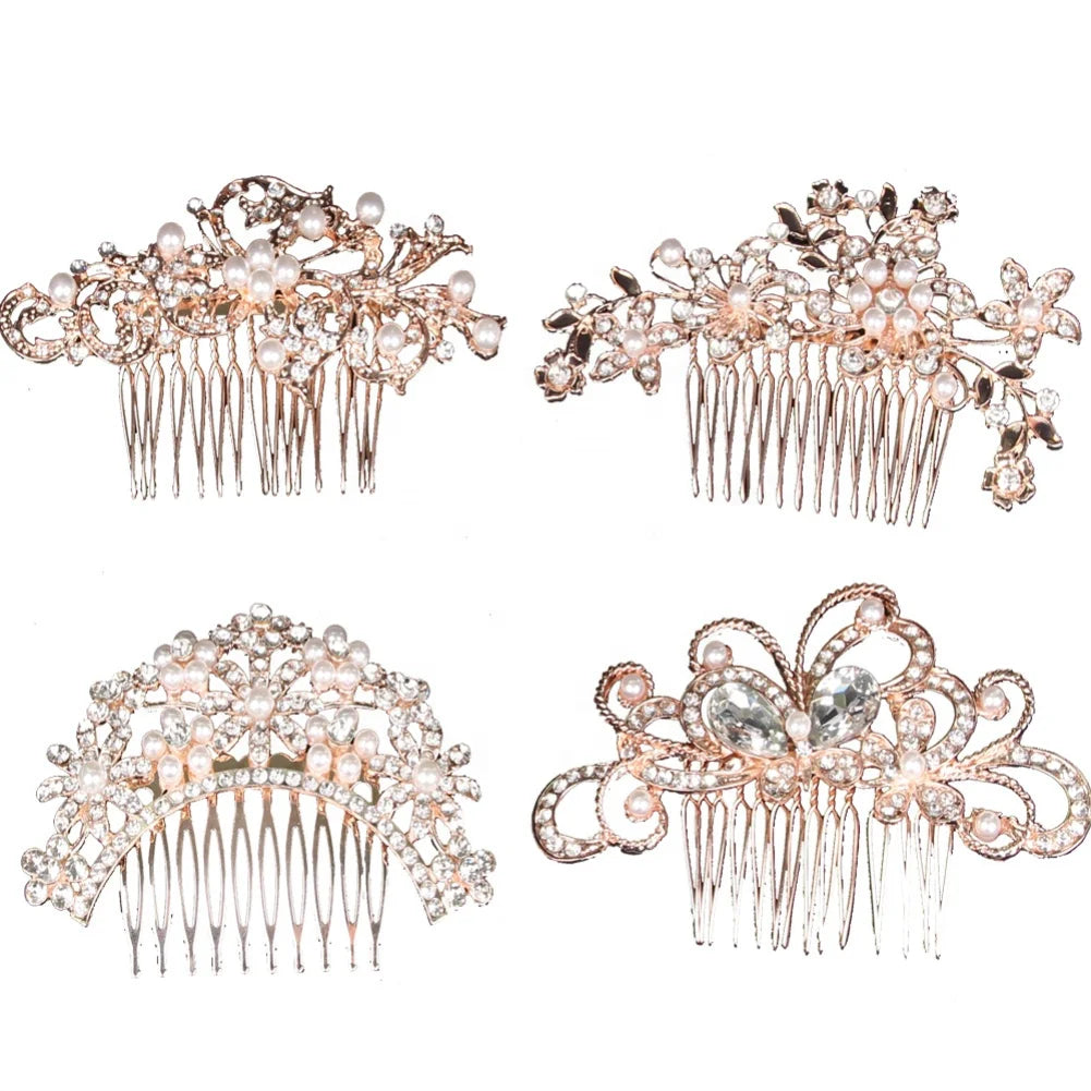 Fashion Bride Hair Jewelry Accessories Alloy Rhinestone Pearl Hair Comb for Wedding