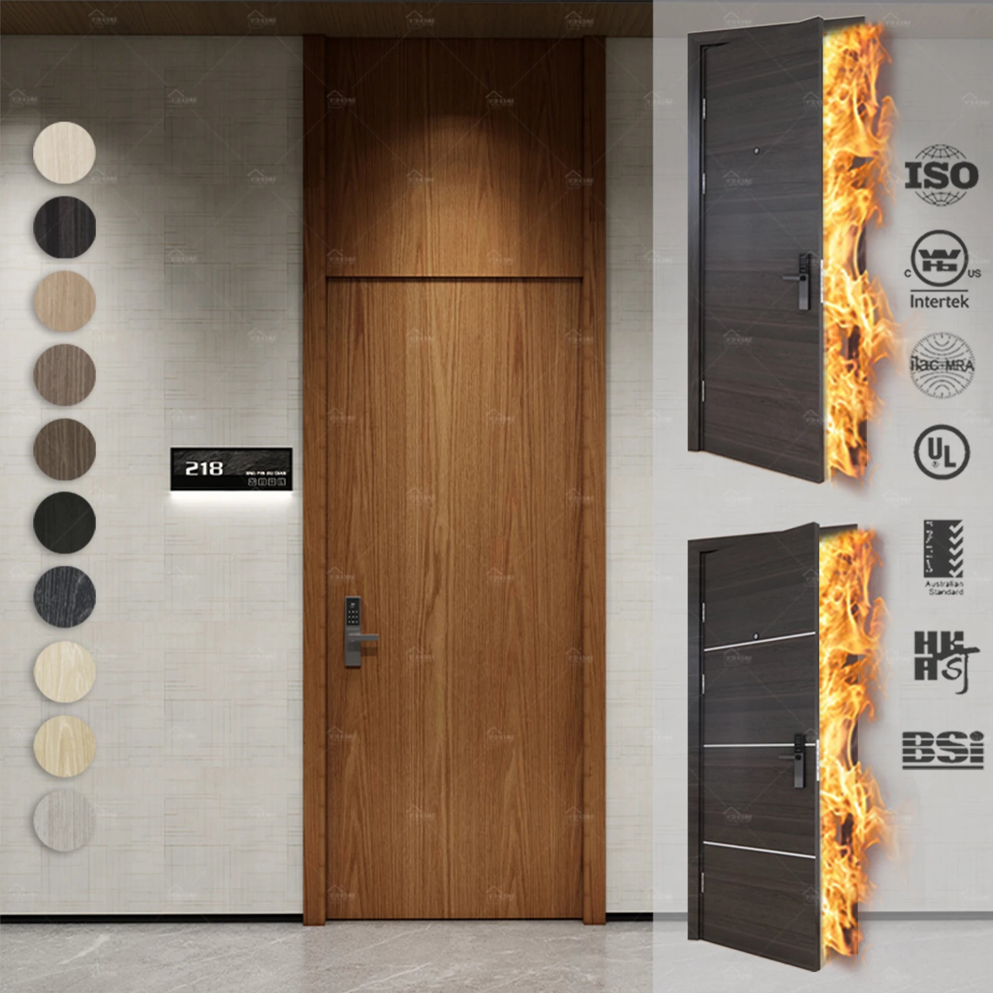 Foshan Yohome Fire Door EN Certified Modern Soundproof Fire Rated Doors for Building Project Hotel Room Wood Fire Doors