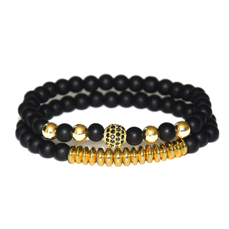 Men's Unisex Trendy Fashion Jewelry Gold Plated Alloy 2-Layer Beaded Stainless Steel Bangles Bracelet Set