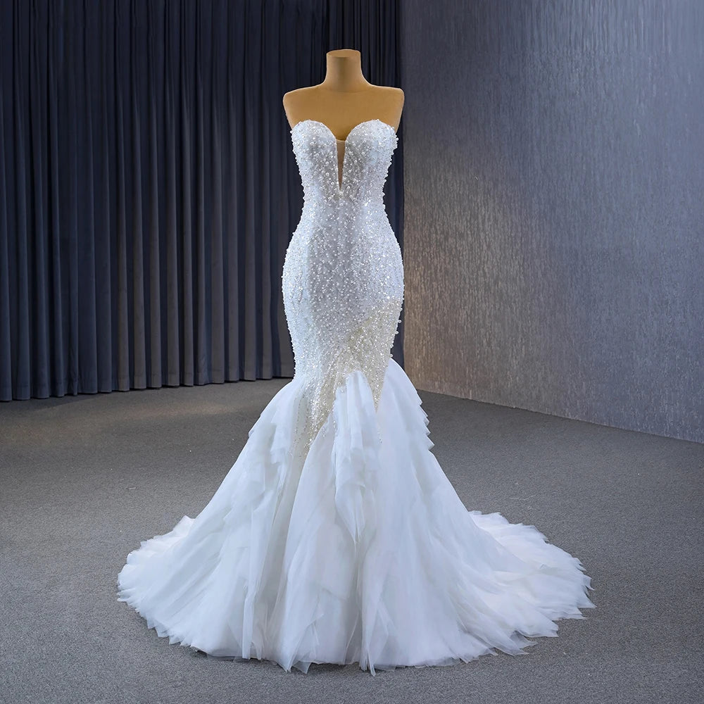 Gorgeous Elegant Strapless Lace Mermaid Button Sleeveless Pearls Wedding Suits for Women RSM222116