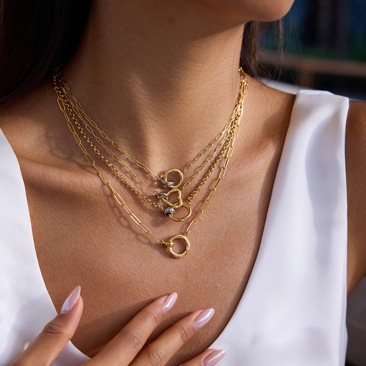 J&D Classic DIY Two Tone 18K Gold Plated Round Heart Clasp 304 Stainless Steel Paperclip Chain Necklace