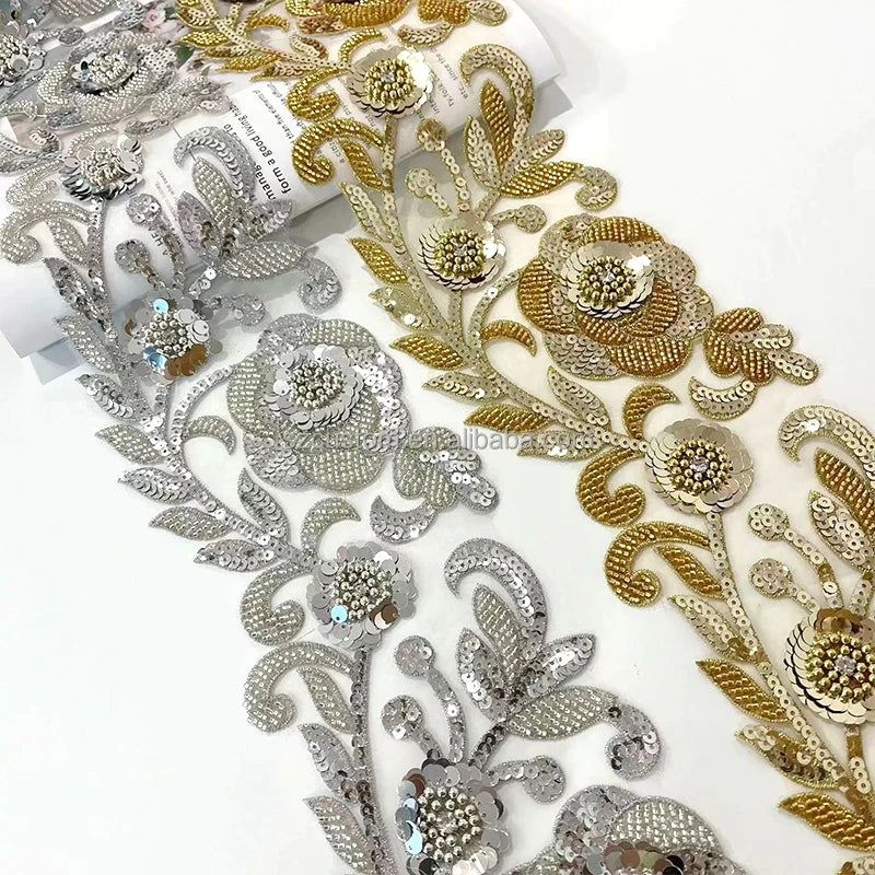 White Lace Trim with Sequin Embroidery Beaded Sequined Lace Trim