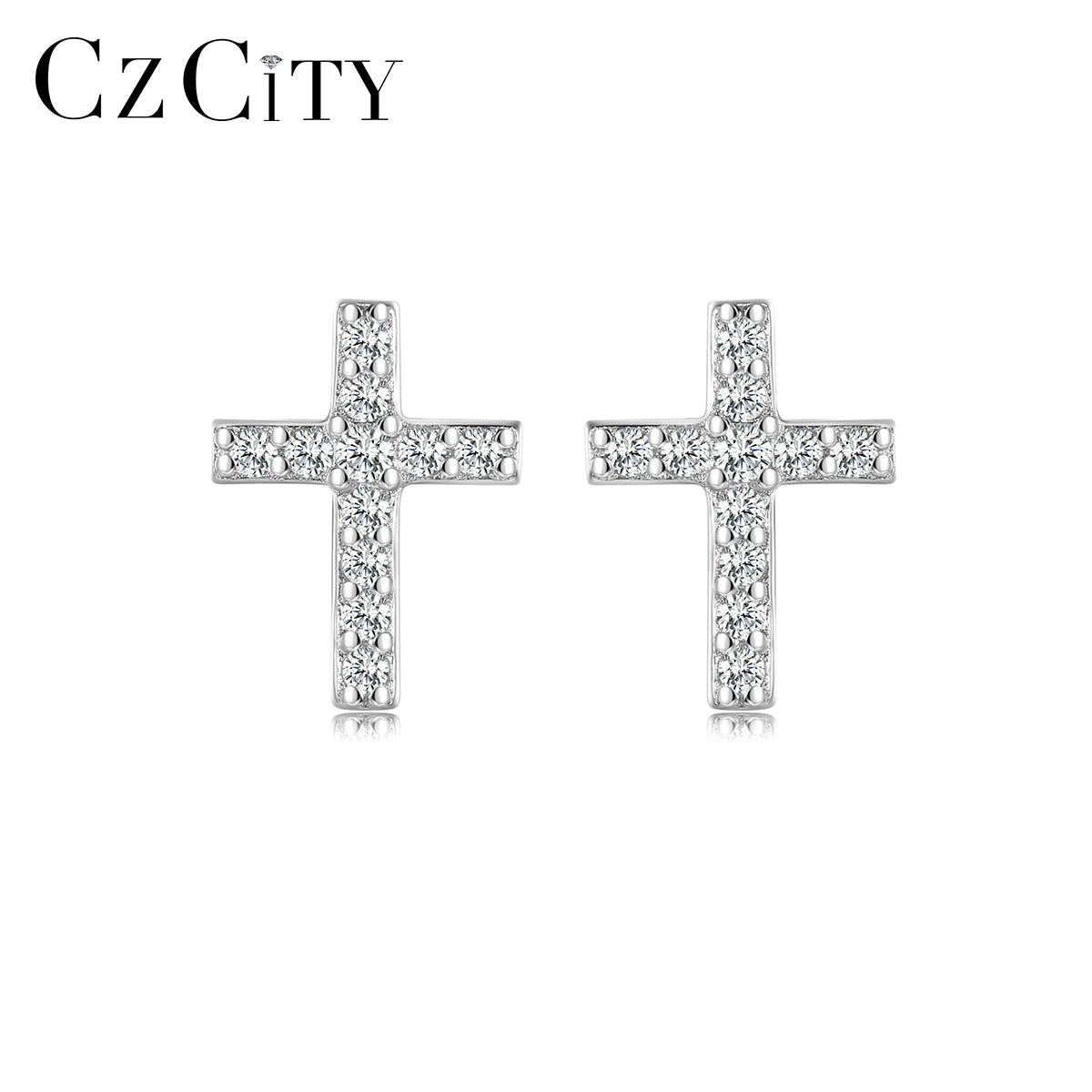 CZCITY Earing Cubic Zirconia 925 Sterling Cross Zircon Popular Woman Cz Tiny Ice Silver Stud Earrings