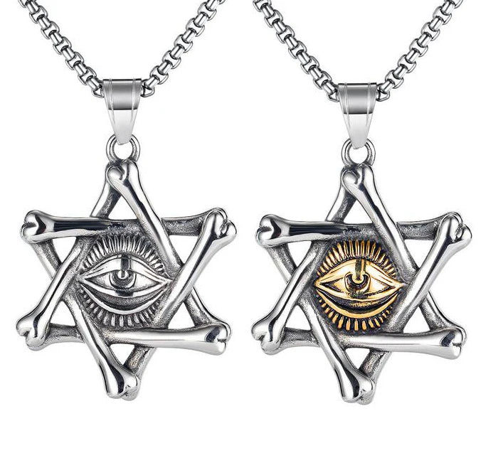 Retro Classic Hexagram Devil's Eye Gold Plated Stainless Steel Necklace for Men's Hip-hop Anniversary Wedding Party Pendant